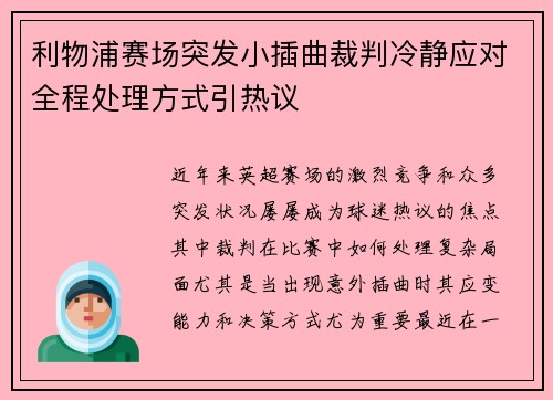 利物浦赛场突发小插曲裁判冷静应对全程处理方式引热议 利物浦赛场突发小插曲裁判冷静应对全程处理方式引热议