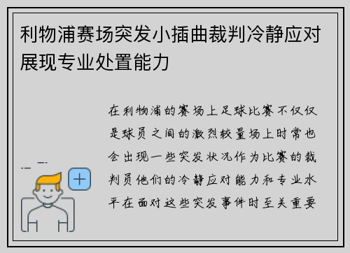 利物浦赛场突发小插曲裁判冷静应对展现专业处置能力 利物浦赛场突发小插曲裁判冷静应对展现专业处置能力
