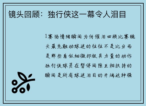镜头回顾：独行侠这一幕令人泪目